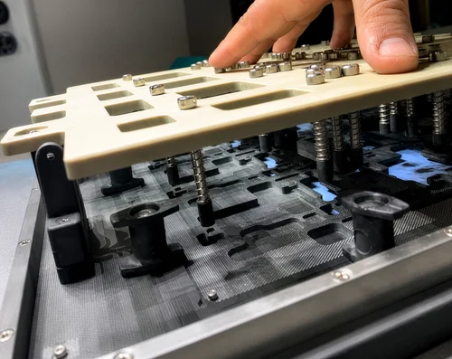 Alignment Hold-Down Canopy securing components during wave soldering