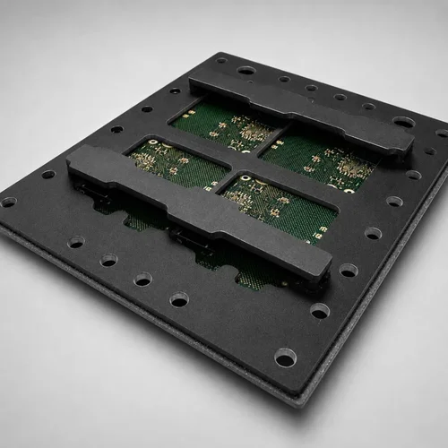 Black rectangular composite carrier plate with perimeter indexing holes, securing a green PCB panel with two flat horizontal metal clamping bars