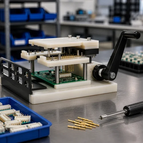 Component Press fixture showing precision alignment and PCB support
