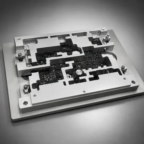 Conformal coating fixture displaying clean masking boundaries