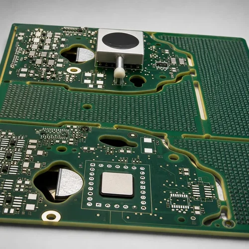 Close-up of a green printed circuit board panel, featuring a square silver alignment block with a white plunger pin locked into the board