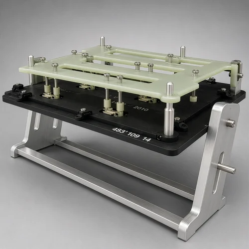Engineered manufacturing fixture showing integrated automation and precision tooling