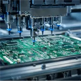 Close-up of a robotic pick-and-place nozzle placing tiny surface-mount components onto a green circuit board