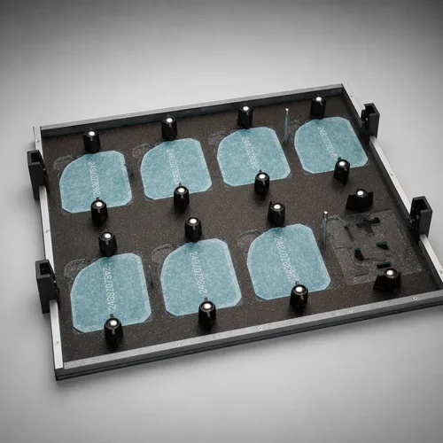 Selective wave solder fixture showing custom shielding covers and pockets