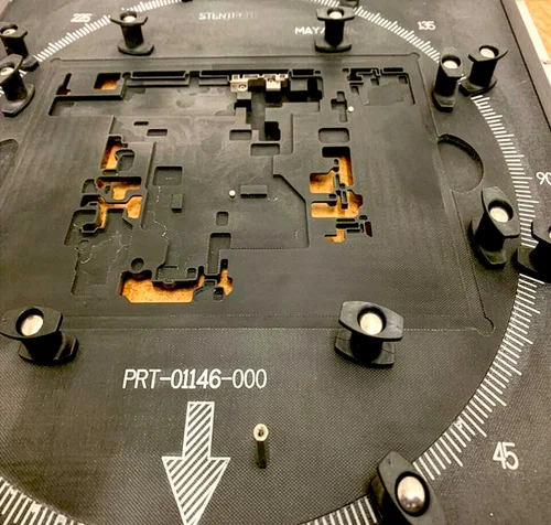 Rotary Wave Solder Fixture showing engineered wave pockets and solder channels