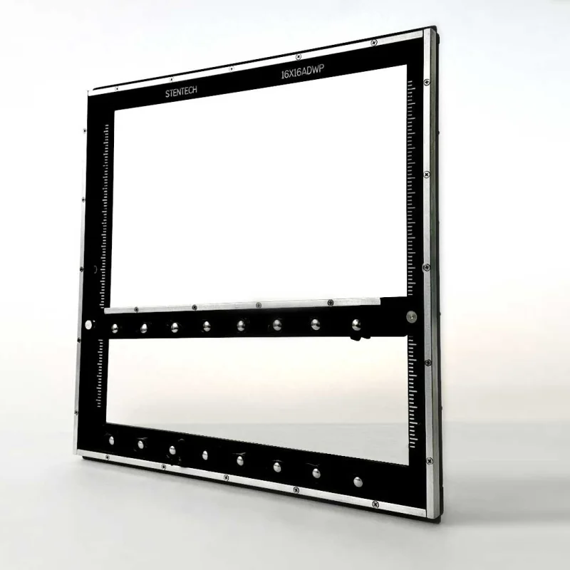 Square black adjustable composite SMT process carrier showing central cutout, slide adjustment tracks, and metal thumbscrews
